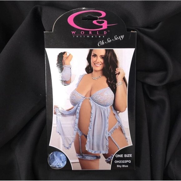 G World Plus Size Babydoll Lingerie Set 3pc Sky Blue Sexy Outfit - Picture 4 of 9
